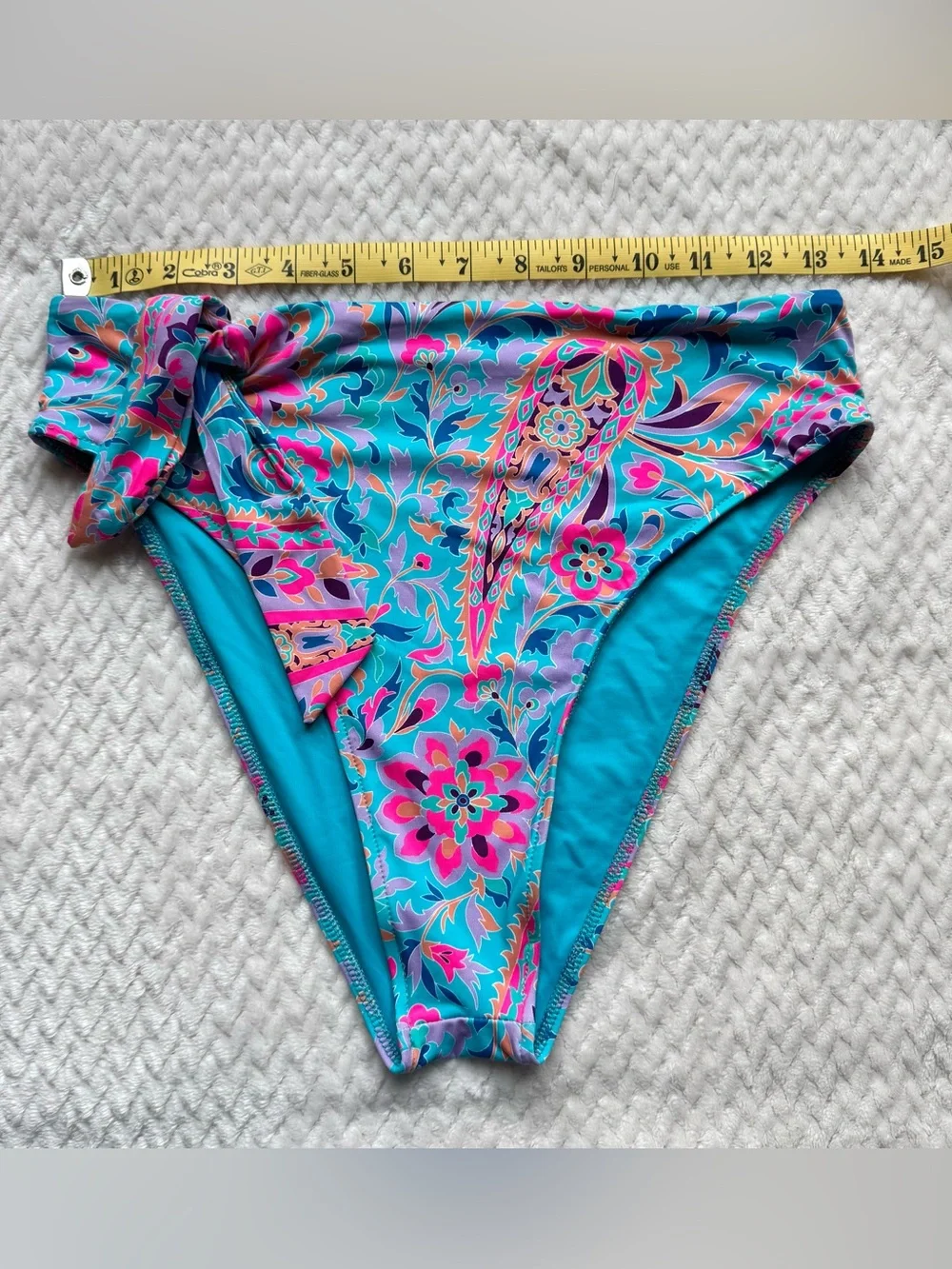 Frankie's Bikinis Scarf Bikini Bottom L Side Tie Blue Multicolor Paisley Hi Leg